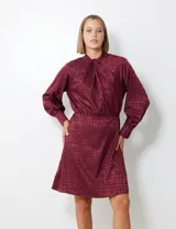 Vestido corto color borgoña con estampado geométrico, de gasa laminada con cuello alto entrelazado, manga larga raglán, cintura elastizada y espalda con abertura ojal y botones.