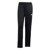 Conjunto deportivo Adidas Essentials 3 Tracksuit de mujer, color negro con las icónicas tres tiras blancas a los lados y el logo de la marca estampado en el pecho y la pierna. Incluye campera con cierre frontal y cuello alto, y pantalón con cintura elástica.