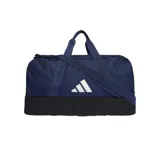 Bolso Adidas Tiro League azul marino con base negra y logo blanco. Tiene doble asa de mano, correa de hombro ajustable, compartimento principal con cierre en forma de U, bolsillo lateral de malla y compartimento inferior rígido.