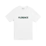 Remera blanca de algodón con cuello redondo y estampado frontal con la palabra "Florence" en color verde oscuro.