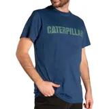 Remera azul con logo de Caterpillar estampado en verde en el pecho.