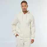 Buzo con capucha color blanco hueso, con cierre frontal, bolsillos tipo canguro y cordones ajustables en la capucha.