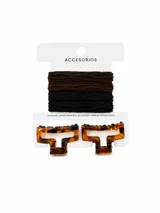 Set de accesorios para el cabello que incluye dos gomitas elásticas en colores marrón y negro, junto con dos broches tipo clip con estampado carey.