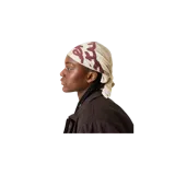 Pañuelo bandana de diseño cuadrado en tonos beige y marrones claros, con estampado abstracto y el logotipo de la marca "eme studios" impreso en el centro en color bordó.