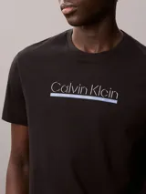 Remera deportiva de manga corta color negro, con cuello redondo y el logotipo de Calvin Klein estampado en el pecho en color blanco con una línea azul.