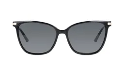 Lentes de sol de acetato negro con forma de ojo de gato y detalles dorados en las esquinas superiores.