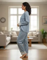 Pijama de dos piezas compuesto por una remera de manga larga con cuello redondo y cierre frontal de botones, y un pantalón con cintura elástica ajustable mediante cordón. Presenta un estampado texturizado en tonos azules y detalles de puños con diseño geométrico.
