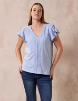 Blusa celeste en tejido pointelle con escote en V y mangas cortas con volados. Aplique de puntilla en el escote y en el frente.