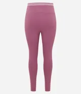 Legging deportiva de microfibra color violeta, con cintura alta y detalles de líneas blancas contrastantes en los laterales.