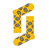 Medias amarillas con estampado de círculos concéntricos blancos y negros. Marca Happy Socks.