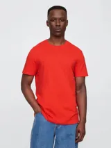 Remera básica de manga corta y cuello redondo, confeccionada en tejido de algodón liso de color rojo.