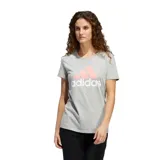 Remera gris de algodón con logo Adidas Badge of Sport en color salmón en el pecho.
