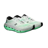 Championes de running On modelo Cloudrunner 3 Max, en color blanco con detalles en verde menta y negro. Presentan capellada de malla transpirable, cordones blancos y entresuela gruesa con tecnología CloudTec en color verde y gris.