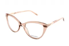 Armazón para lentes de acetato color rosa nude, con forma cat-eye y detalles dorados en las patillas.