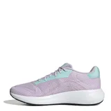 Championes Adidas Response Runner para mujer, con diseño en malla color violeta lavanda, detalles en verde agua y las icónicas tres tiras de la marca en azul. Cuenta con una entresuela blanca amortiguada y suela negra.