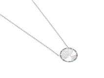 Collar de plata 925 con dije circular calado con diseño de árbol de la vida y circonias multicolor.