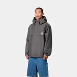 Campera Carhartt WIP modelo Blake Pullover, color gris jaspeado, con capucha ajustable con cordón, cierre parcial con cremallera, bolsillo tipo canguro con solapa y logo bordado en el pecho. Puños elásticos y dobladillo ajustable.