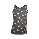 Musculosa gris oscuro con estampado de flores blancas, rosadas y celestes. Tiene cuello y sisas ribeteadas en negro.