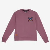 Sudadera azul marino de algodón con cuello redondo y manga larga. Presenta un estampado geométrico multicolor en la espalda y el logo de la marca en la parte superior.