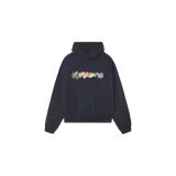 Hoodie oversized de color negro, con capucha, bolsillo frontal tipo canguro y estampado gráfico multicolor en el pecho.
