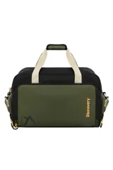 Bolso deportivo marrón y gris con el logo de Discovery en el lateral. Tiene un bolsillo frontal, bolsillos laterales, sujeción para valija, botinero y tira desmontable.