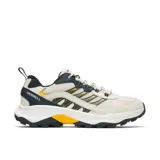 Championes de trekking Merrell modelo Speed Strike 2 Trek, con diseño técnico en colores beige, negro y detalles en amarillo. Presentan una combinación de malla transpirable, ante y materiales sintéticos, con entresuela de espuma EVA y suela de goma de alta adherencia.