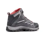 Championes de trekking Columbia modelo Crestwood Mid Waterproof, de caña media, color gris con detalles en rojo. Confeccionados en gamuza y malla, cuentan con suela de goma con relieve para mayor tracción y cordones reforzados.