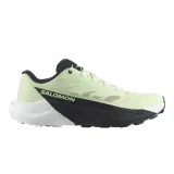 Championes de trail running Salomon Pulsar, color verde menta con entresuela combinada en blanco y negro, y cordones de ajuste rápido.