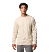 Buzo de cuello redondo Columbia, color beige, con puños y dobladillo acanalados. Presenta el logo de la marca estampado en el pecho y en la manga izquierda.