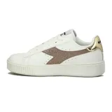 Championes casuales de mujer Diadora modelo Set, color blanco, con plataforma gruesa y logo lateral en glitter color bronce/dorado.