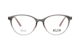 Armazón de anteojos Klix modelo 108AD, de diseño estilo cat-eye en color gris traslúcido con degradado rosado en la parte inferior.