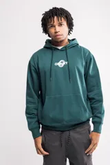 Canguro verde oscuro de felpa con capucha, corte oversize y estampado frontal con la palabra "Gravity" en blanco.