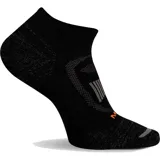 Calcetín deportivo de corte bajo, color negro con detalles en gris y naranja. Presenta zonas acolchadas en talón y puntera, arco reforzado y paneles de malla transpirable para mayor confort en actividades de senderismo.