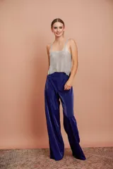 Pantalón palazzo de jersey grueso con laminado plateado, de corte amplio y fluido con cintura elástica.