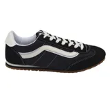 Championes Vans modelo Super Low Pro, de perfil bajo, color negro con detalles en blanco. Presentan la icónica banda lateral Sidestripe, cierre de cordones y suela de caucho con diseño Waffle.