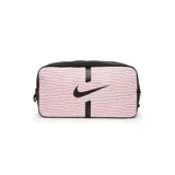 Botinera Nike Academy unisex con diseño a rayas horizontales rosas y blancas, logo Nike negro y detalles en negro. Cuenta con dos bolsillos con cierre y asa de transporte.