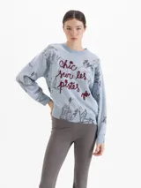 Sweater de lana color celeste con silueta holgada, cuello redondo y mangas largas. Presenta un estampado integral de paisajes de montaña y esquí, con la frase 'Chic sur les pistes' bordada en relieve en color bordó.
