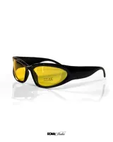 Lentes de sol negros con lentes amarillas, protección UV 400 y diseño envolvente.
