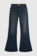 Jeans de denim azul oscuro con lavado vintage, tiro alto y corte acampanado.