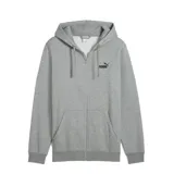 Campera con capucha y cierre frontal, color gris melange, con bolsillo canguro dividido y logo Puma bordado en negro en el pecho izquierdo.