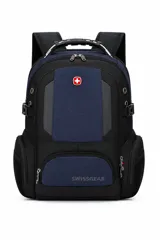 Mochila urbana Swissgear de diseño técnico, con compartimentos múltiples, bolsillos laterales de malla y asa superior reforzada. Presenta una combinación de colores negro y azul marino con detalles metálicos.