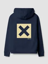 Hoodie azul marino con capucha, bolsillo tipo canguro y gran estampado cuadrado en la espalda con una letra X negra sobre fondo beige.