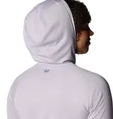 Remera con capucha Columbia Tidal Tee II Hoodie, de manga larga con orificios para los pulgares, color lila con logo estampado en el pecho y la manga.