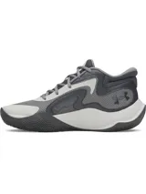 Championes Under Armour Jet 25 de color gris y blanco, diseñados con una parte superior de materiales mixtos para mayor durabilidad y transpirabilidad. Cuentan con un cuello acolchado, entresuela Micro G® para una amortiguación reactiva y suela exterior de goma resistente para un óptimo rendimiento en la cancha.