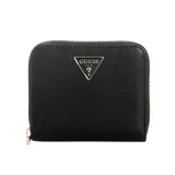 Billetera compacta Guess modelo Isobel, color negro con textura granulada. Presenta cierre perimetral y logo triangular metálico de la marca en la parte frontal.