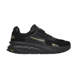 Championes deportivos EA7 Emporio Armani, modelo Crusher Sonic Mix, en color negro con detalles en dorado. Presentan un diseño técnico con combinación de malla y paneles superpuestos, entresuela robusta y logo de la marca en el lateral, lengüeta y talón.
