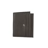 Monedero de cuero sintético color gris topo con broche metálico plateado.