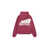 Hoodie oversize de color bordó, con capucha y bolsillo canguro. Presenta un gran estampado gráfico en la espalda con el logotipo de la marca Eme Studios en color blanco.