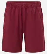 Bermuda deportiva gris con cintura elástica, cordón de ajuste, bolsillos con cremallera, recorte lateral con agujeritos y abertura en el bajo.