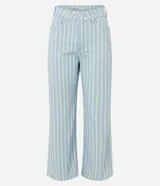 Pantalón recto cropped de tiro alto, confeccionado en sarga de algodón con estampado de rayas verticales en celeste y blanco. Cuenta con pretina con pasacintos, cierre frontal con botón y cremallera, y bolsillos delanteros y traseros.